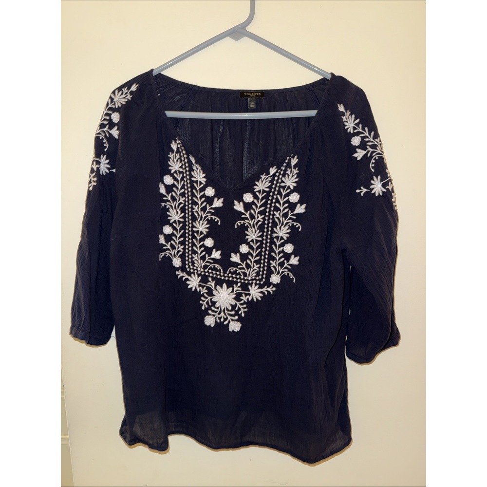 Talbot's Embroidered Peasant Top M Petite Boho Navy Blue Floral 100% Cotton